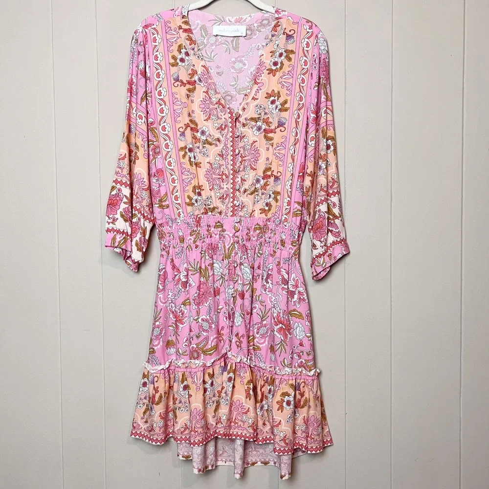 Walker & Wade Kelsey Mini Dress Medium Pink Floral Smocked Waist Beach Coverup
